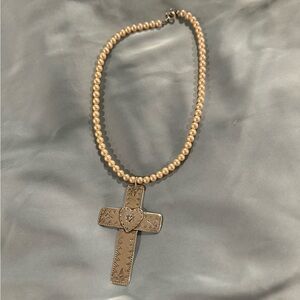 Elegant Pearl Necklace with Silver Cross Pendant
